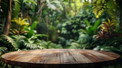 Fototapeta premium Table top wood counter floor podium in nature outdoors tropical forest garden blurred green jungle plant backgroundnatural product present placement pedestal stand displayspring or sum : Generative AI