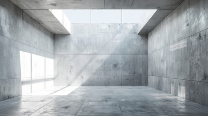 Empty room interior with concrete walls, grey floor, and soft skylight from window creating a peaceful atmosphere 