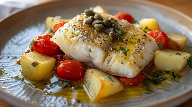 Stockfish white without tomatoes in Messina style Cod stewed with cherry tomatoes caper olive oil and potato Traditional plate of Messina Sicily Italy Selective focus : Generative AI