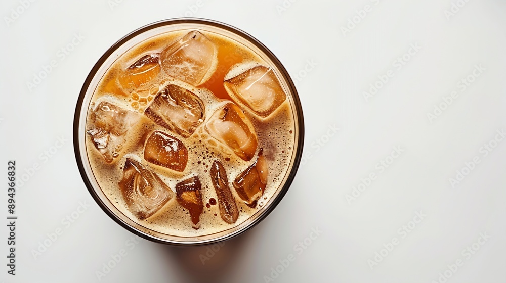 Poster glass of ice coffee isolated on white background from top view : generative ai