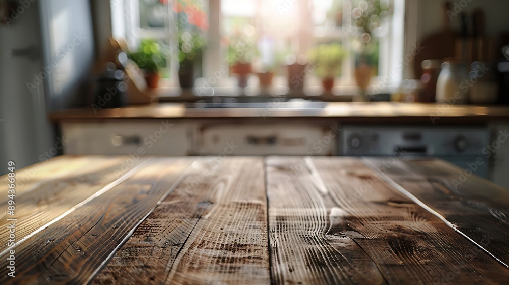 Leinwandbilder selective focuswood table top on blur kitchen counter backgroundfor montage product display or desig