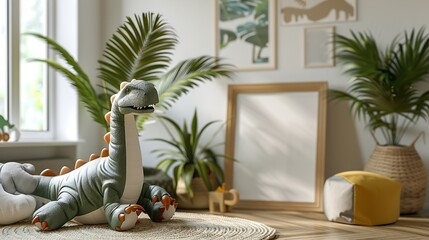 Obraz premium Stylish scandinavian nursery interior with mock up photo frame plush dino design furniture beautiful decoration toys and accessories in modern home decor : Generative AI