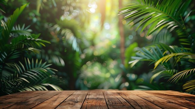 Wood tabletop counter podium floor in outdoors tropical garden forest blurred green palm leaf plant nature backgroundNatural product placement pedestal stand displaysummer jungle parad : Generative AI