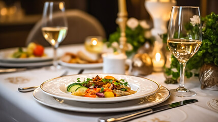 Luxury food service, main course served at a restaurant or formal dinner event in classic English style in the luxurious hotel or country estate, post-processed, generative ai