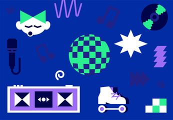 Sticker set with disco elements. Illustration in the theme of disco party. Image of disk, rollers, microphone, disco ball. Dynamic geometric design in groove style.