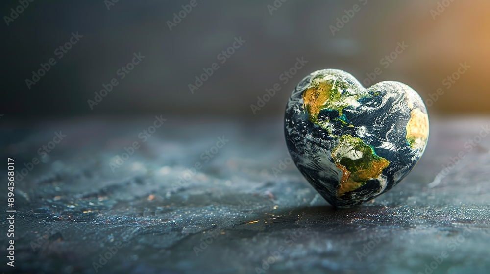 Poster planet earth in the shape of a heart with selective focus and copy space