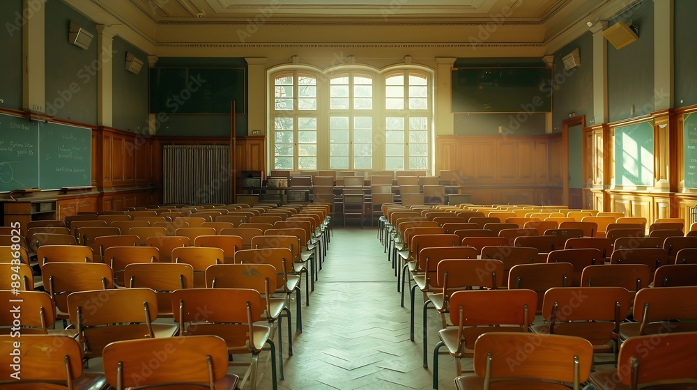 Poster empty university classroom with wooden chairs and desks modern university lecture room without stude
