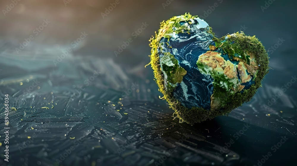 Poster planet earth in the shape of a heart with selective focus and copy space