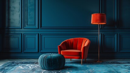 Apartment with comfortable red velour armchair minimalist floor lamp and green pouf or ottoman in living room with dark blue velvet wall panels and floor carpeting Concept of luxury in : Generative AI