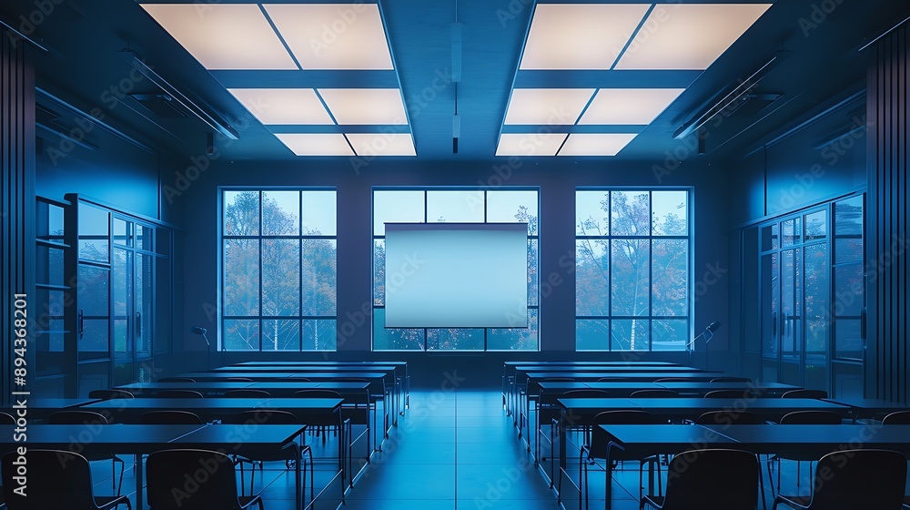 Aufkleber Empty Classroom or conference room with projector and screen light inside windowsblue tone : Generative AI