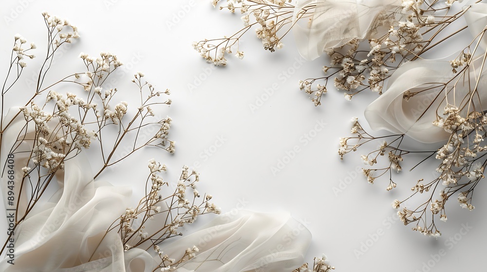Aufkleber dry plants and silk ribbon on white background flat lay top view : generative ai