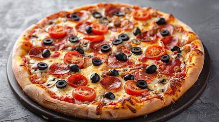 Italian pizza with cheese olives tomato onion pepperoni sausage on a gray table side view : Generative AI