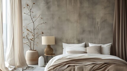 Stylish composition of modern bedroom interior Bed creative lamp and elegant personal accessories Concrete wall Brown sheeets Minimalistic masculine concept Template : Generative AI
