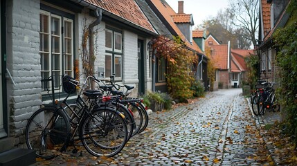 A picturesque view of a calm residential street lined with traditional european houses and bicycles parked outside : Generative AI