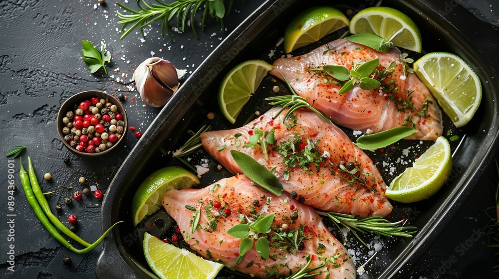 Poster raw catfish steaks with herbs lime and spices in a baking dish on a dark background top view high qu