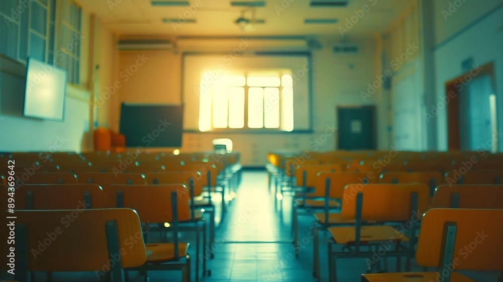 Fototapete abstract blurred empty classroom or conference room with projector and screen light inside windowswa