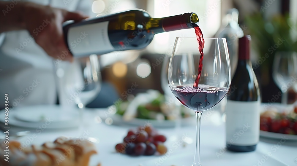 Poster man pouring red wine into glass at white table selective focus : generative ai