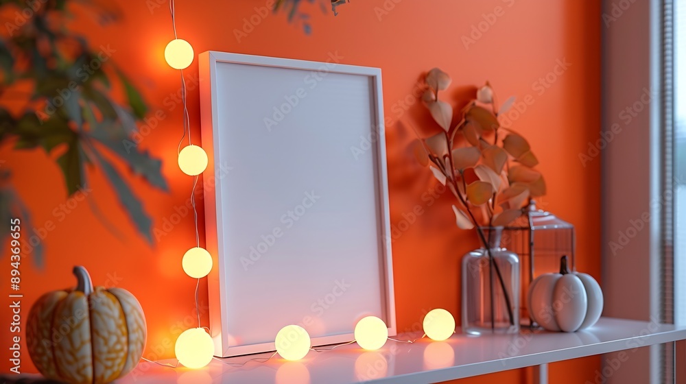 Poster White empty frame in orange solid color studio scene white lights Halloween background Product display mockup design : Generative AI