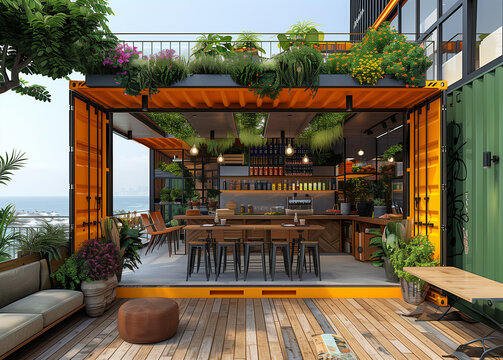 a beautifully designed cafe created from a converted shipping container, mobile, house, captivating, Shipping Container Tiny Home, steel containers, supreme quality, superior lightin