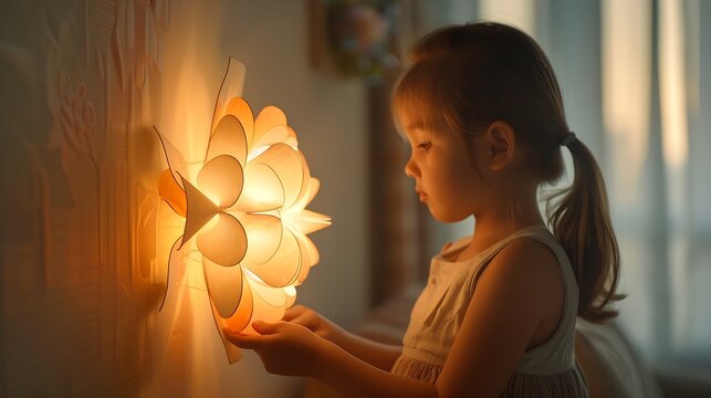 Girl of 6 in sundress turns on wall touch lamp Luminaire segments folded in a flower shape : Generative AI