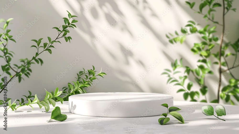 Poster empty round podium and green leaves on light grey background top view pedestal and fresh natural bra