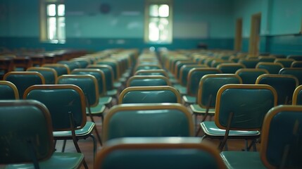 Fototapeta premium Empty classroom with many Lecture Chair : Generative AI