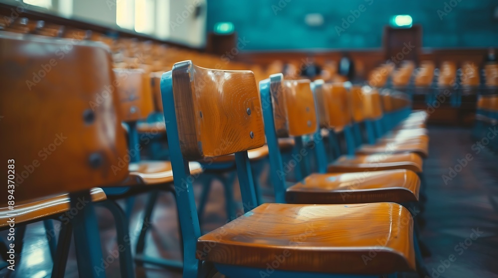 Poster empty university classroom with wooden chairs and desks modern university lecture room without stude