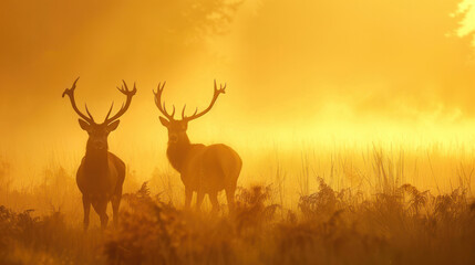 Naklejka premium Red Deer Silhouettes in Morning Mist