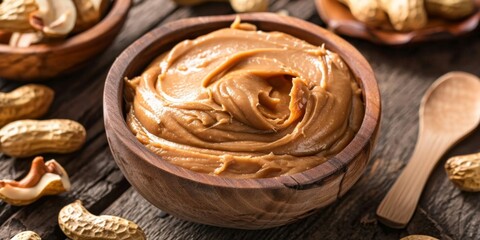 Fototapeta premium Nutrient-Rich Peanut Butter: Fitness Fuel for Balanced Diet and Weight Management. AI-Generated 4K Wallpaper Showcasing Creamy Spread, Protein-Packed Spoonful, and Athletic Silhouettes. Visual Guide t