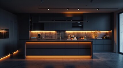 stylish luxury kitchen interior in an ultramodern spacious apartment in dark colors with super cool led lighting and an island for cooking : Generative AI