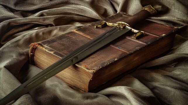 Sword hilt rests on vintage book on fabric background blank space