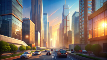 Obraz premium Modern Cityscape at Sunrise, Vibrant Colors, Urban Energy, Background