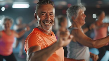 Positive middleaged male instructor leading energetic zumba class for group of seniors in mirrored fitness studio : Generative AI