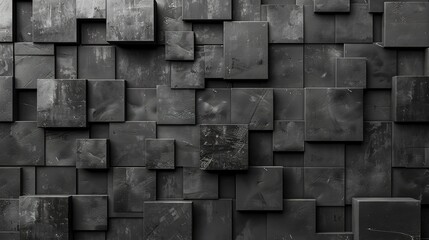 Abstract geometric dark black anthracite gray grey 3d texture concrete cement wall with squares and square cubes background banner, textured wallpaper 