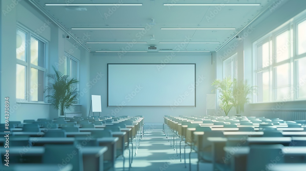 Poster Empty Classroom or conference room with projector and screen light inside windowsblue tone : Generative AI