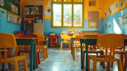 chairs on tables in kindergarten room classroom without any student School close due to coronavirus pandemic disease stay home quarantine Study online by internet to prevent covid19 Ne : Generative AI