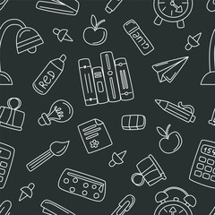 Childrens school. School supplies pattern doodle. Back to school concept. Seamless pattern of school elements.