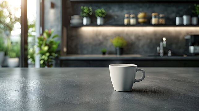 Beautiful coffee cup on island or table countertop in modern home kitchen Dark grey kitchen design  detail of interior : Generative AI