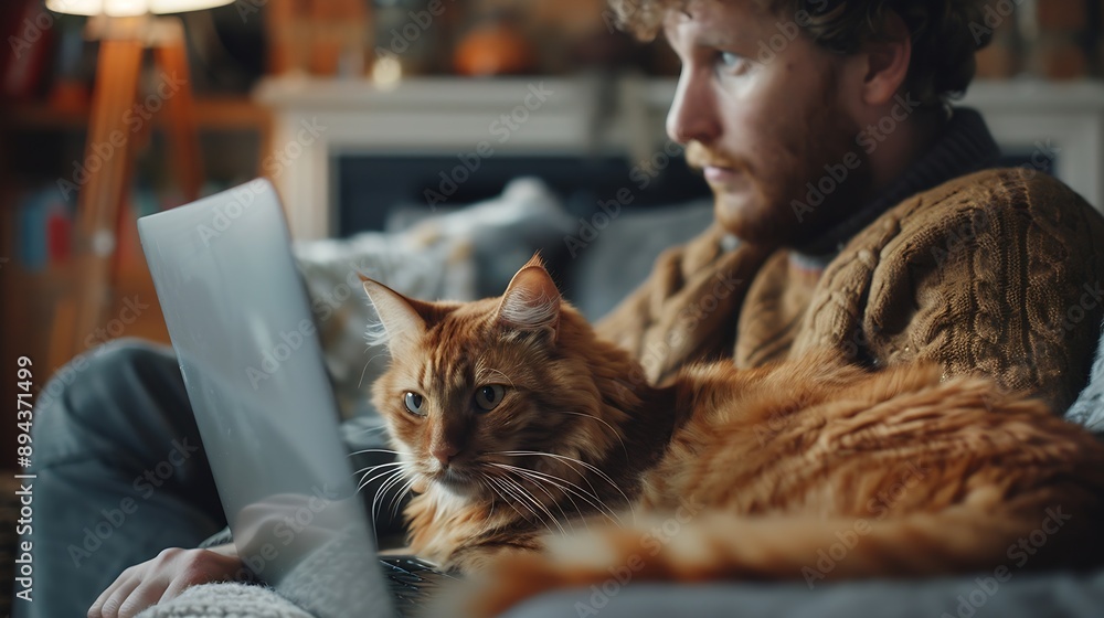 Poster Man working online from home with pet using laptop Ginger cat looks at screen interested in computer Interrupting while working on internet : Generative AI