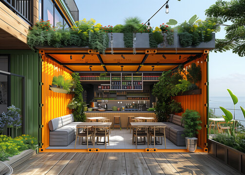 a beautifully designed cafe created from a converted shipping container, mobile, house, captivating, Shipping Container Tiny Home, steel containers, supreme quality, superior lightin