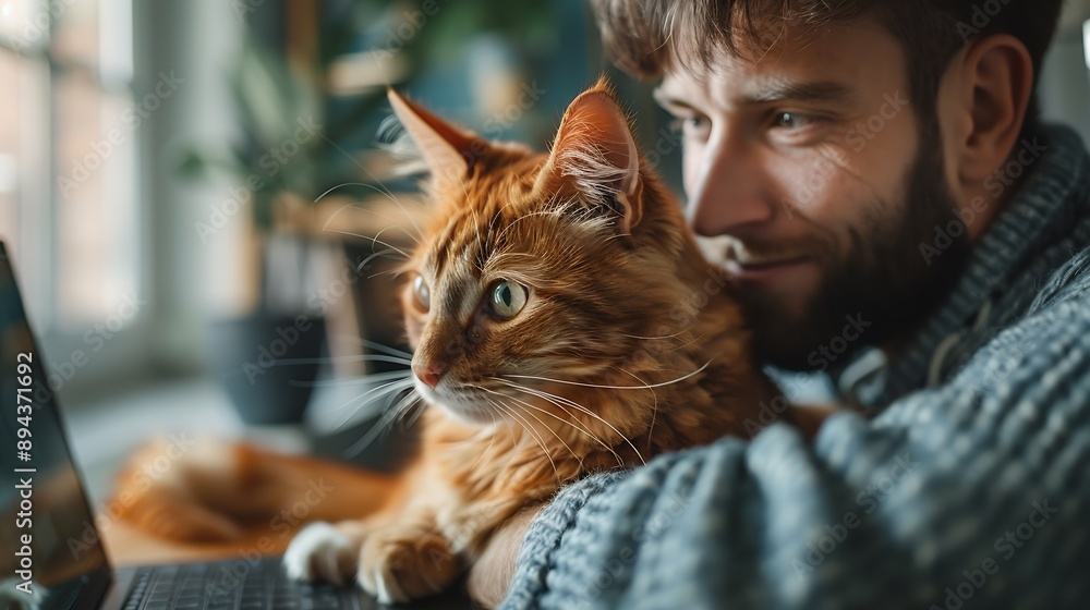 Poster Man facetiming from home holding pet using computer Ginger cat looking at laptop screen during video chat Online communication : Generative AI