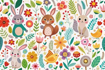 Whimsical vector illustration of cartoon animals, including rabbits, squirrels, and birds, amidst colorful flowers, leaves, and playful elements on a white background.