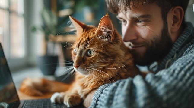 Man facetiming from home holding pet using computer Ginger cat looking at laptop screen during video chat Online communication : Generative AI