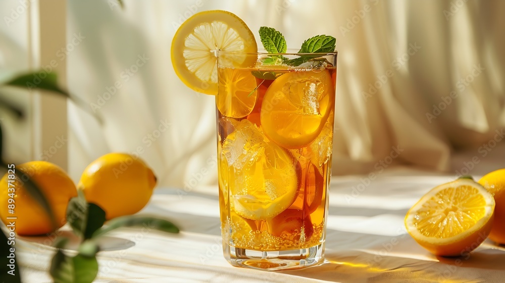 Poster Iced tea with lemon mint in a glass on light background with shadow and citrus fruits The concept of a refreshing and trendy drink or lemonade on a hot summer day Front view : Generative AI