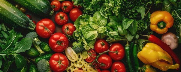 Fresh, vibrant assortment of vegetables including tomatoes, bell peppers, zucchini, leafy greens, providing a colorful and healthy food display.