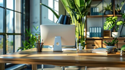 Fototapeta premium Professional work space corporate office in creative interior design desk Private indoor business workplace for CEO director or attorney empty from covid lockdown restrictions Decorate : Generative AI