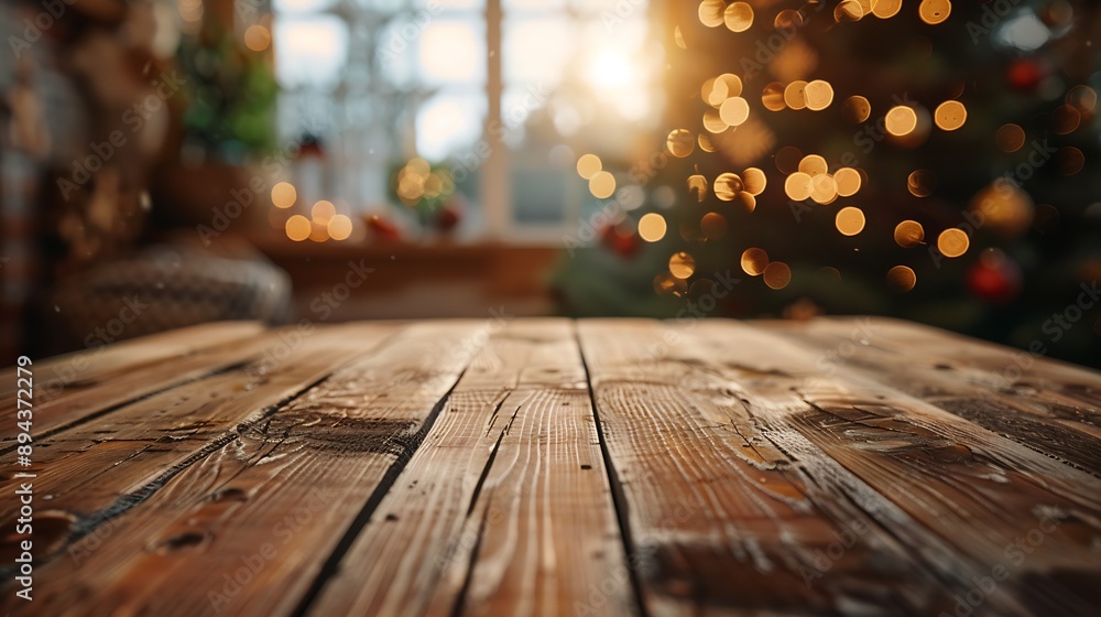 Poster The empty wooden brown table top with blur background of home room in winter Exuberant image : Generative AI
