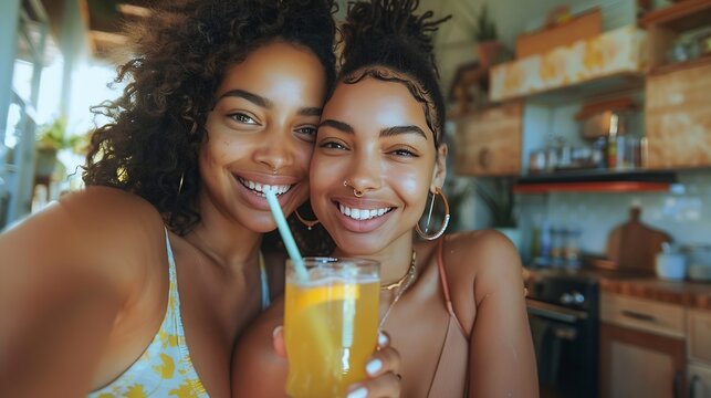 Two young biracial women take a playful selfie at home they enjoy a refreshing drink while capturing a happy moment in the kitchen : Generative AI
