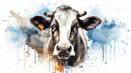 watercolor portrait of a cow, spots of liquid paint isolated on a white background