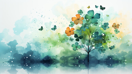 Green clover leaves, watercolor drawing, postcard-wishing good luck and wealth